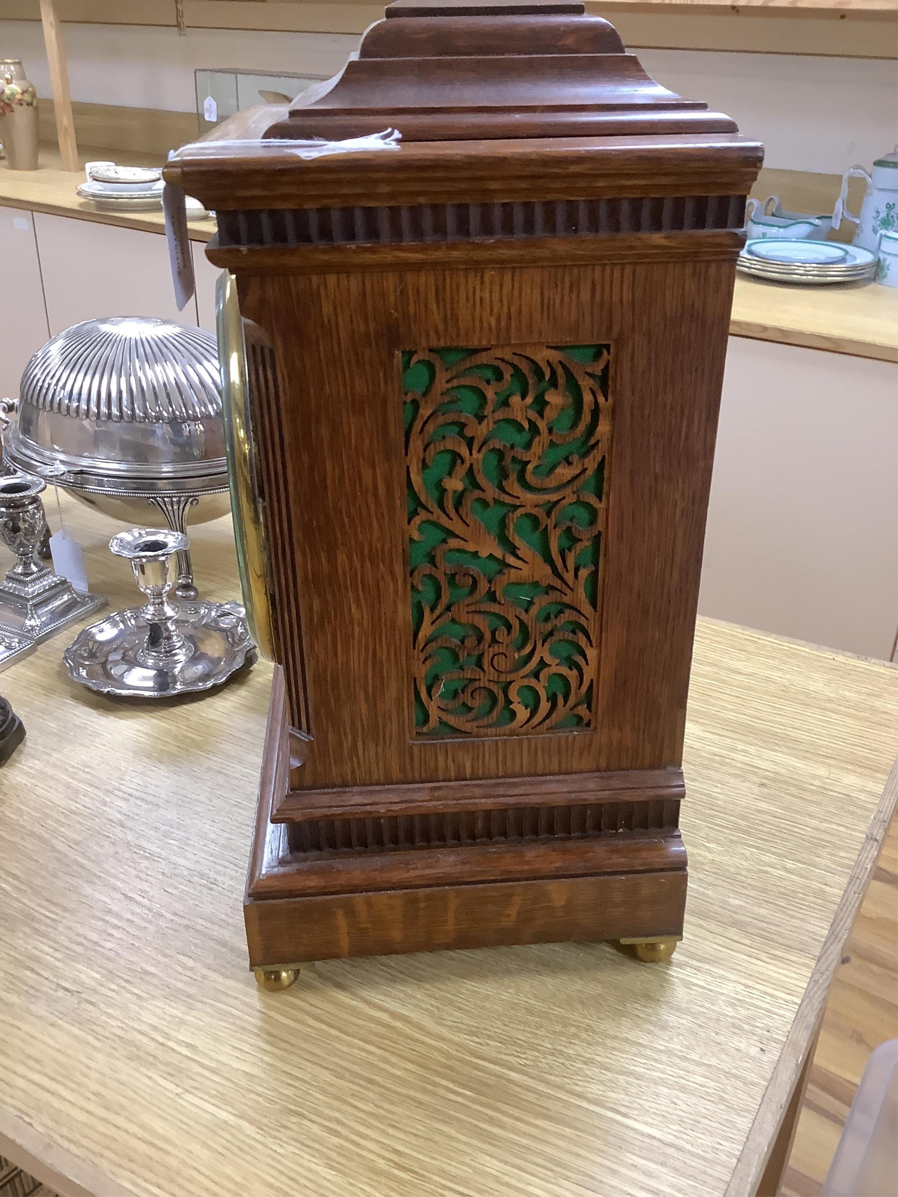 A mid 19th century oak eight day mantel clock, signed J. Jennens, Skinner St. London, pendulum, no key. 45cm. Condition - fair to good, a little faded in areas. Not tested as working